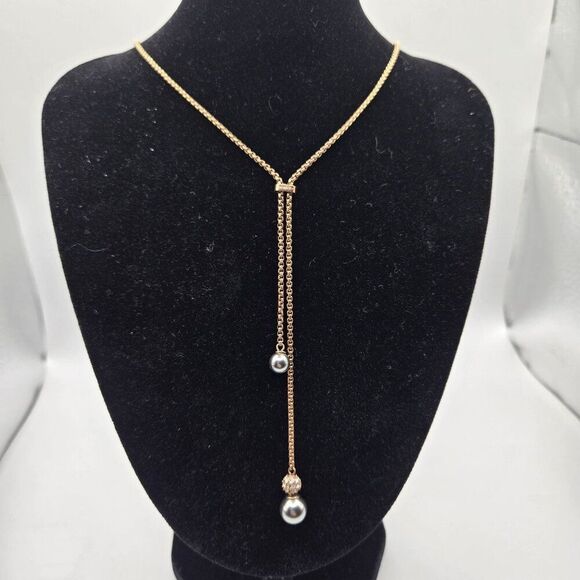 Michael Kors Elegant Rose Gold Drop Necklace Gray Pearls Rhinestones - Picture 1 of 6